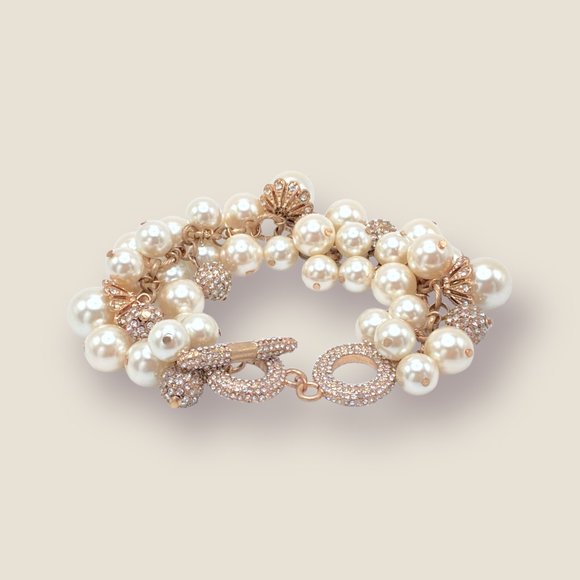 NEW Badgley Mischka Pearl & Pave Rhinestone Bead Gold Dangle Wedding Bracelet - Picture 7 of 8